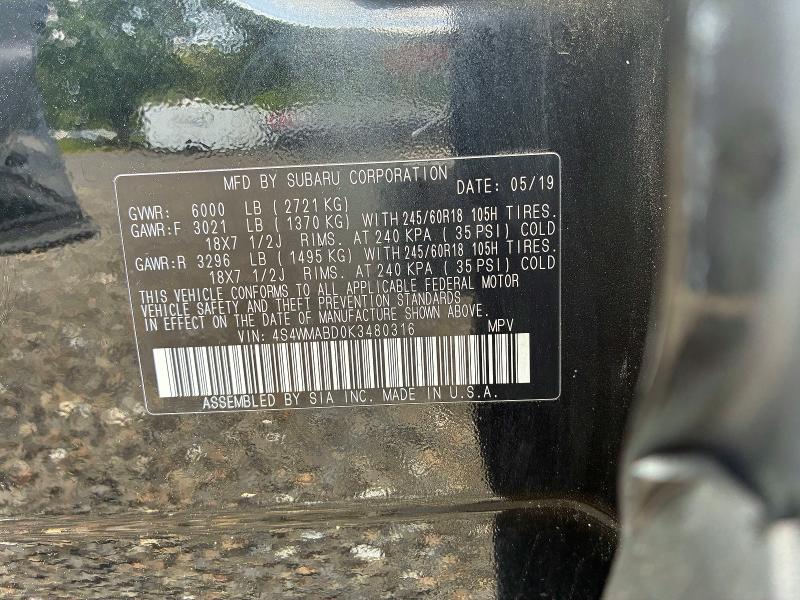 Aukcja sprzedaży 2019 Subaru Ascent, vin: 4S4WMABD0K3480316, numer aukcji: 57514056
