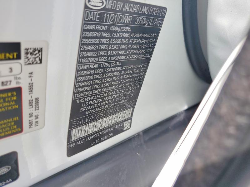 2022 Land Rover Range Rover Sport მანქანა იყიდება აუქციონზე, vin: SALWR2SU9NA220906, აუქციონის ნომერი: 57411526