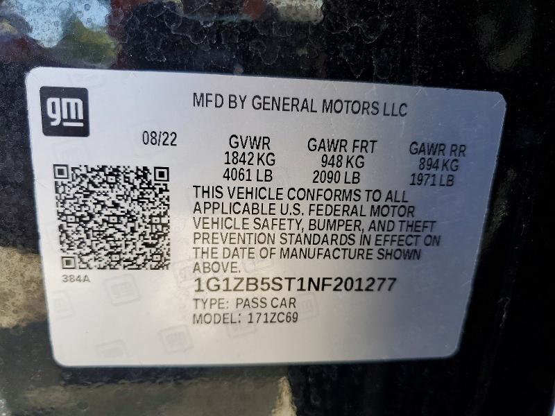 Aukcja sprzedaży 2022 Chevrolet Malibu, vin: 1G1ZB5ST1NF201277, numer aukcji: 56091766