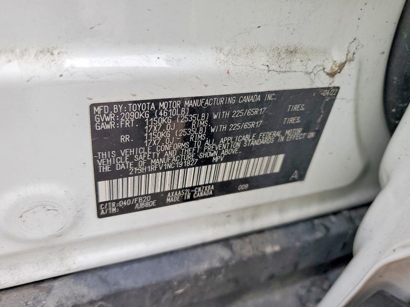 Aukcja sprzedaży 2022 Toyota Rav4, vin: 2T3H1RFV1NC191827, numer aukcji: 58465236