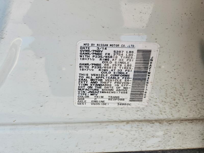 2014 Nissan Murano მანქანა იყიდება აუქციონზე, vin: JN8AZ1MW4EW517454, აუქციონის ნომერი: 55138166