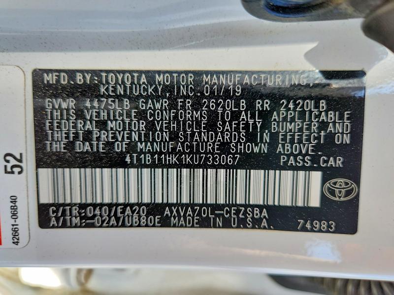 Aukcja sprzedaży 2019 Toyota Camry, vin: 4T1B11HK1KU733067, numer aukcji: 56532276