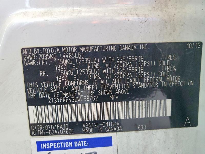2013 Toyota Rav4 მანქანა იყიდება აუქციონზე, vin: 2T3YFREV3DW058762, აუქციონის ნომერი: 58547006