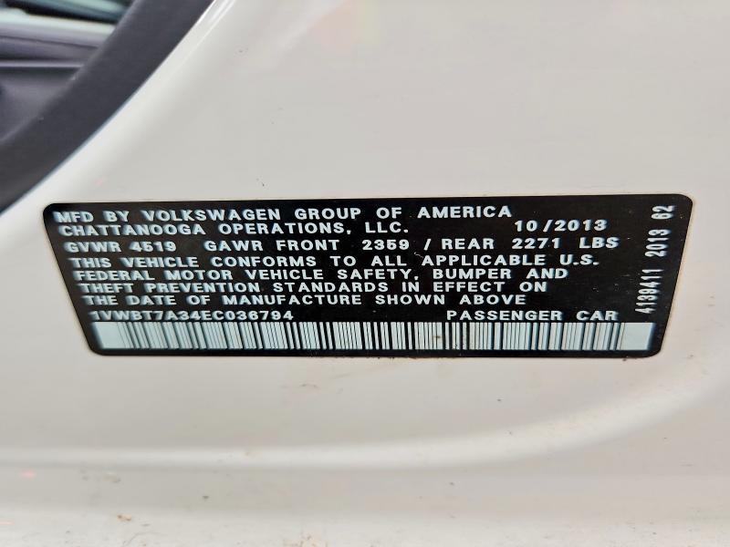56351706 :رقم المزاد ، 1VWBT7A34EC036794 vin ، 2014 Volkswagen Passat مزاد بيع