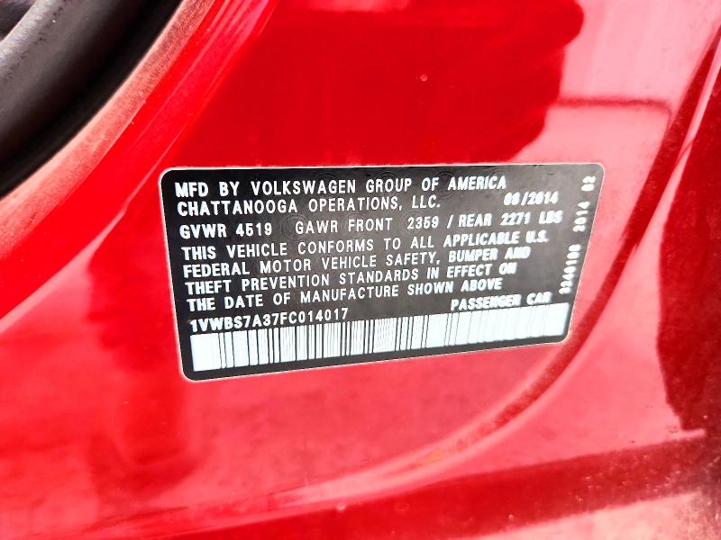 2015 Volkswagen Passat მანქანა იყიდება აუქციონზე, vin: 1VWBS7A37FC014017, აუქციონის ნომერი: 59167286