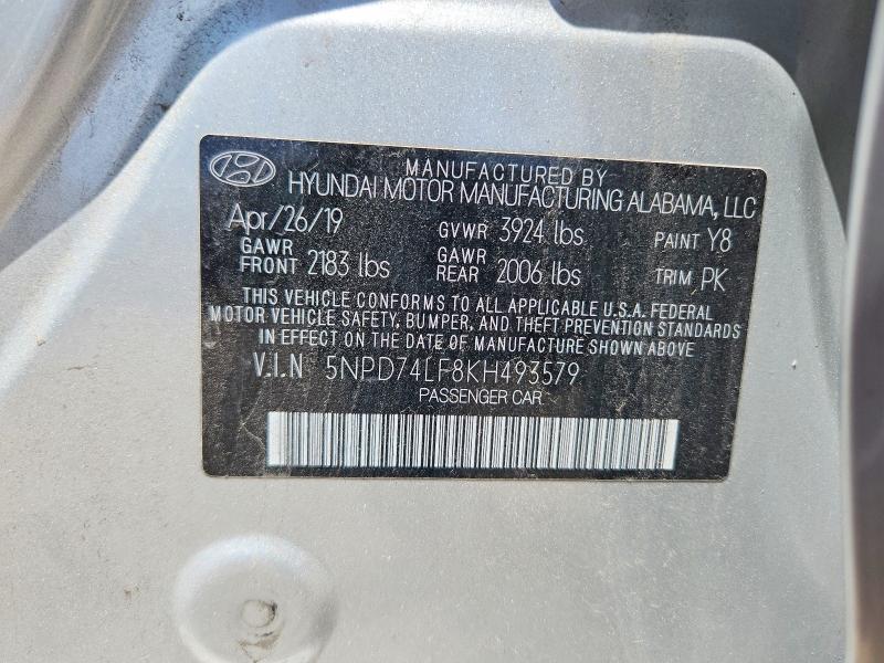 57637306 :رقم المزاد ، 5NPD74LF8KH493579 vin ، 2019 Hyundai Elantra مزاد بيع