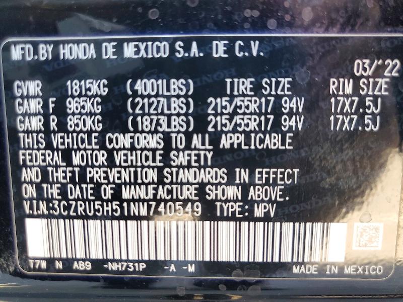2022 Honda Hr-v მანქანა იყიდება აუქციონზე, vin: 3CZRU5H51NM740549, აუქციონის ნომერი: 58804506
