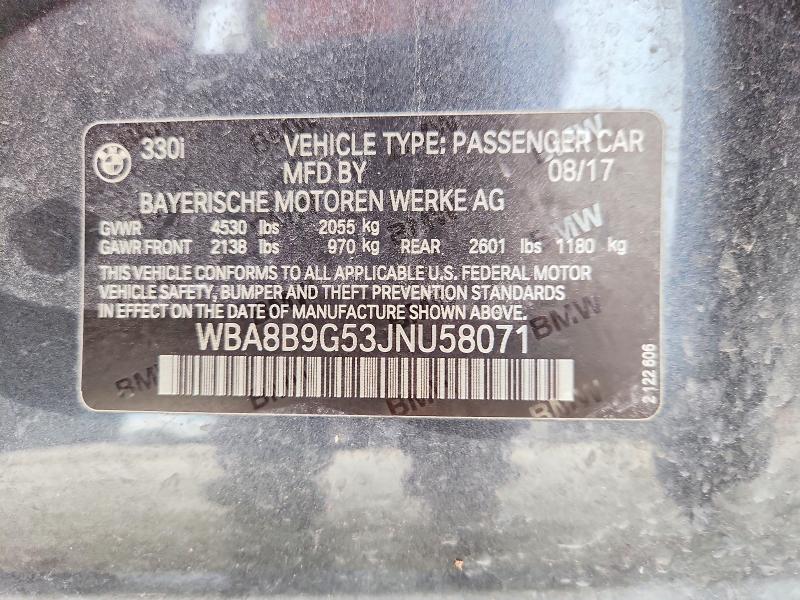 2018 Bmw 330 მანქანა იყიდება აუქციონზე, vin: WBA8B9G53JNU58071, აუქციონის ნომერი: 55850166