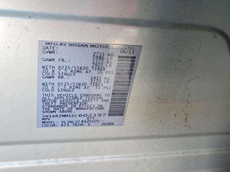 2014 Nissan Pathfinder მანქანა იყიდება აუქციონზე, vin: 5N1AR2MM1EC602197, აუქციონის ნომერი: 55079456