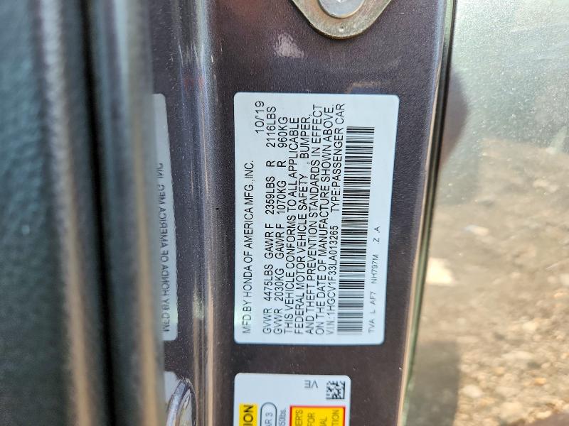 2020 Honda Accord მანქანა იყიდება აუქციონზე, vin: 1HGCV1F33LA013265, აუქციონის ნომერი: 59198836