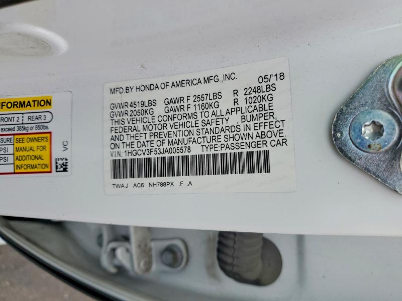 2018 Honda Accord მანქანა იყიდება აუქციონზე, vin: 1HGCV3F53JA005578, აუქციონის ნომერი: 58295526