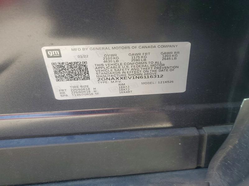 Aukcja sprzedaży 2022 Chevrolet Equinox, vin: 2GNAXXEV1N6116312, numer aukcji: 56573486