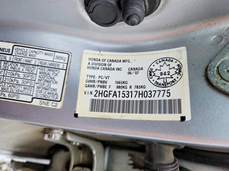 Продаж на аукціоні авто 2007 Honda Civic, vin: 2HGFA15317H037775, номер лоту: 57534296
