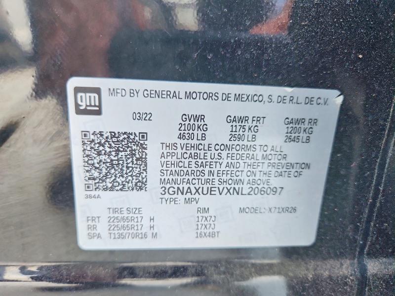 57439976 :رقم المزاد ، 3GNAXUEVXNL206097 vin ، 2022 Chevrolet Equinox مزاد بيع