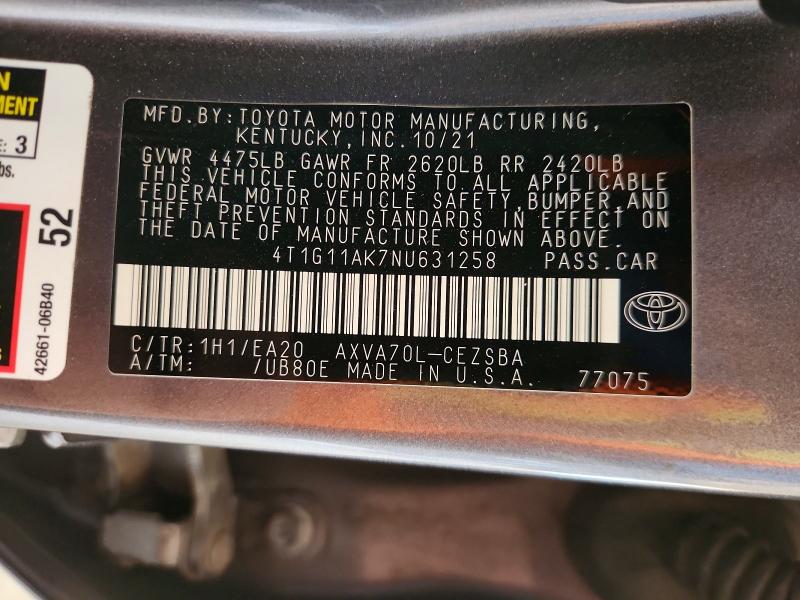 Продажа на аукционе авто 2022 Toyota Camry, vin: 4T1G11AK7NU631258, номер лота: 58938256
