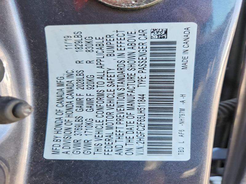 55956656 :رقم المزاد ، 2HGFC2F65LH511844 vin ، 2020 Honda Civic مزاد بيع