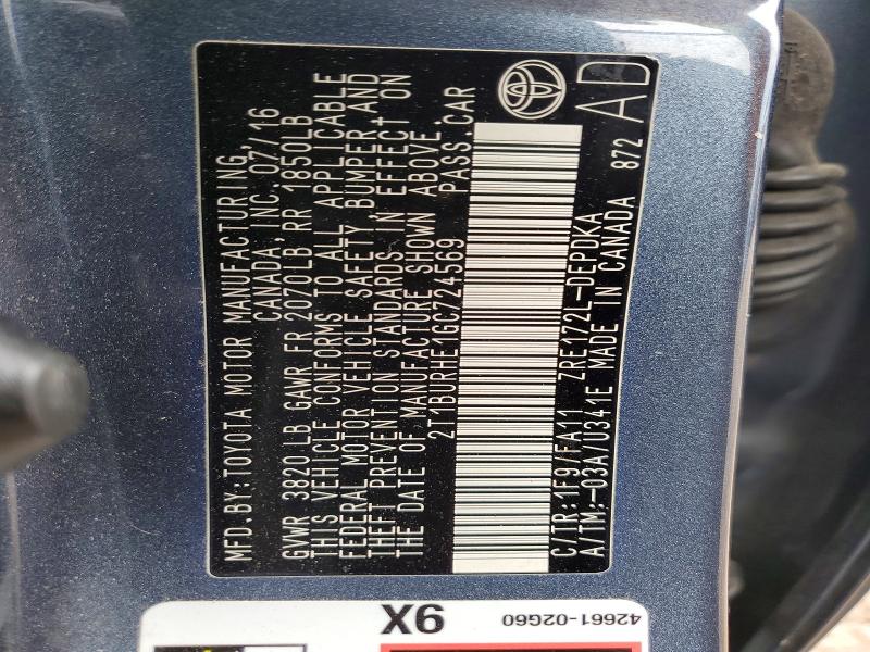 57750676 :رقم المزاد ، 2T1BURHE1GC724569 vin ، 2016 Toyota Corolla مزاد بيع