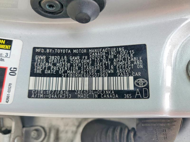 Aukcja sprzedaży 2016 Toyota Corolla, vin: 2T1BURHE6GC507969, numer aukcji: 57012666