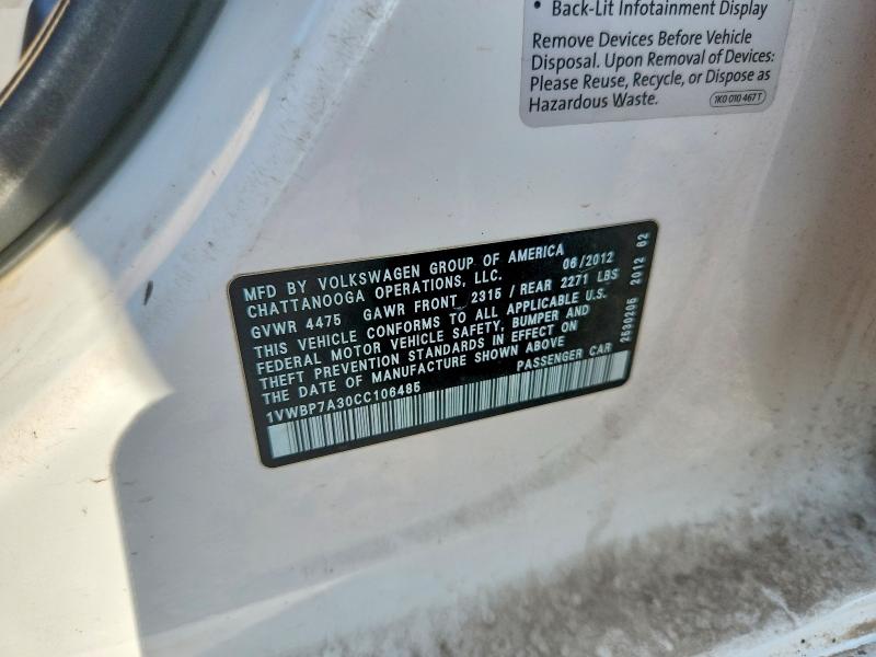 56598946 :رقم المزاد ، 1VWBP7A30CC106485 vin ، 2012 Volkswagen Passat مزاد بيع