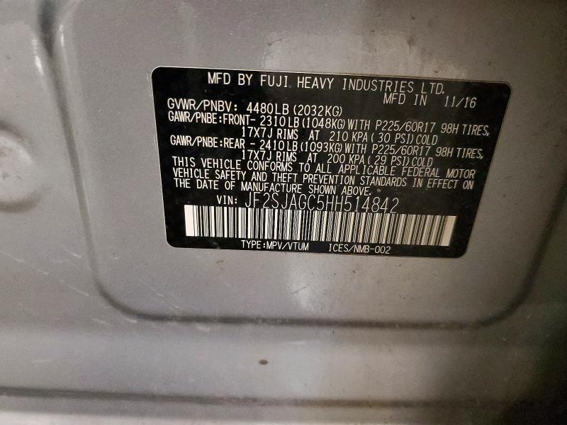 Продаж на аукціоні авто 2017 Subaru Forester, vin: JF2SJAGC5HH514842, номер лоту: 57682196