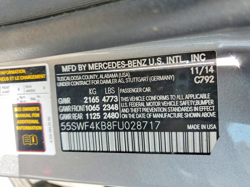 2015 Mercedes-benz C მანქანა იყიდება აუქციონზე, vin: 55SWF4KB8FU028717, აუქციონის ნომერი: 58847656
