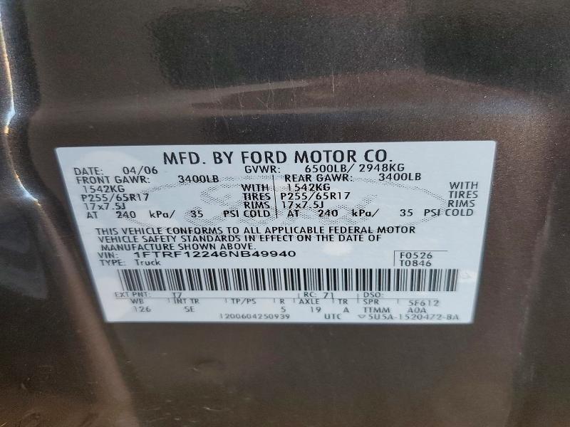 Aukcja sprzedaży 2006 Ford F150, vin: 1FTRF12246NB49940, numer aukcji: 57254876