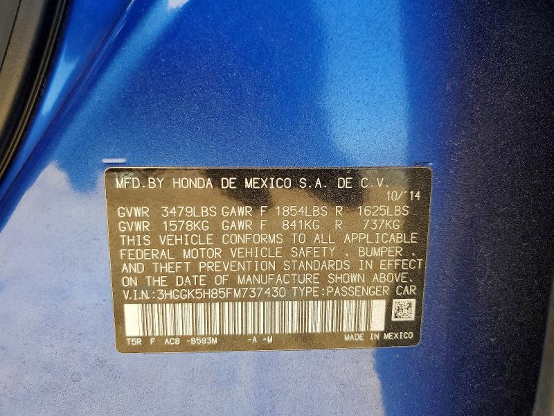 2015 Honda Fit მანქანა იყიდება აუქციონზე, vin: 3HGGK5H85FM737430, აუქციონის ნომერი: 55905126