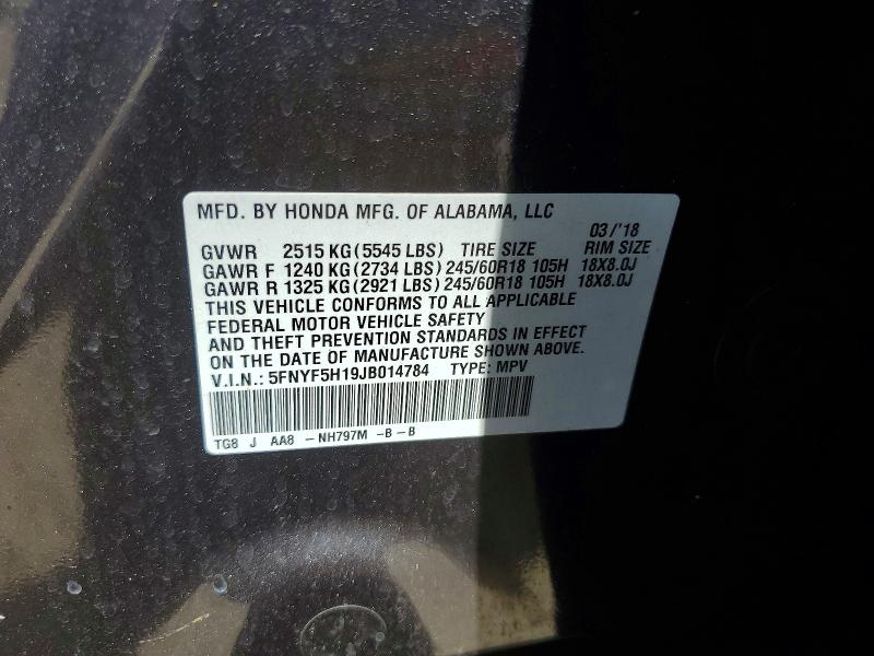57059336 :رقم المزاد ، 5FNYF5H19JB014784 vin ، 2018 Honda Pilot مزاد بيع