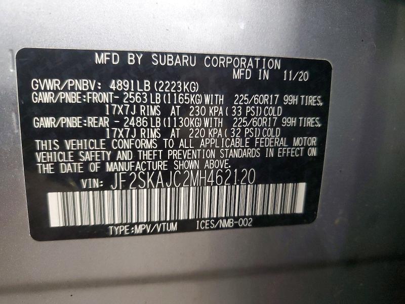 Aukcja sprzedaży 2021 Subaru Forester, vin: JF2SKAJC2MH462120, numer aukcji: 58626646