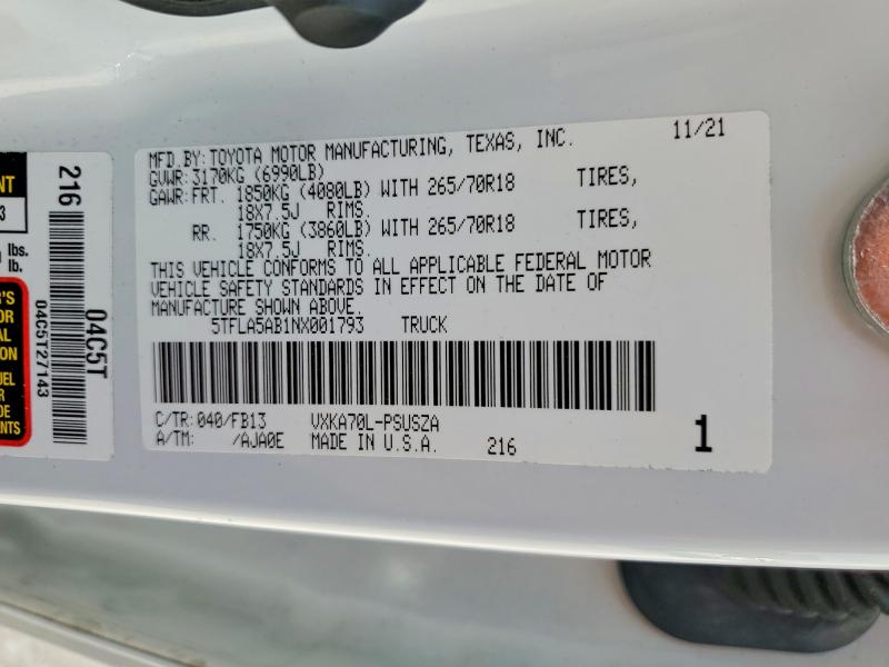 Aukcja sprzedaży 2022 Toyota Tundra, vin: 5TFLA5AB1NX001793, numer aukcji: 58973516