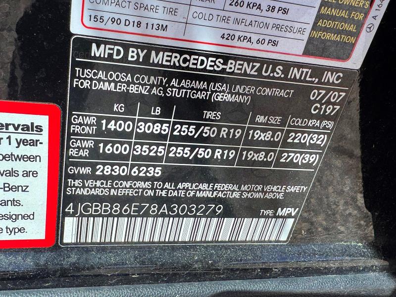 Aukcja sprzedaży 2008 Mercedes-benz Ml, vin: 4JGBB86E78A303279, numer aukcji: 85633935