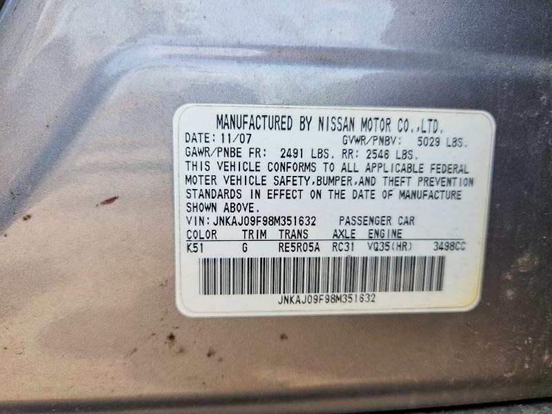 56855136 :رقم المزاد ، JNKAJ09F98M351632 vin ، 2008 Infiniti Ex35 مزاد بيع