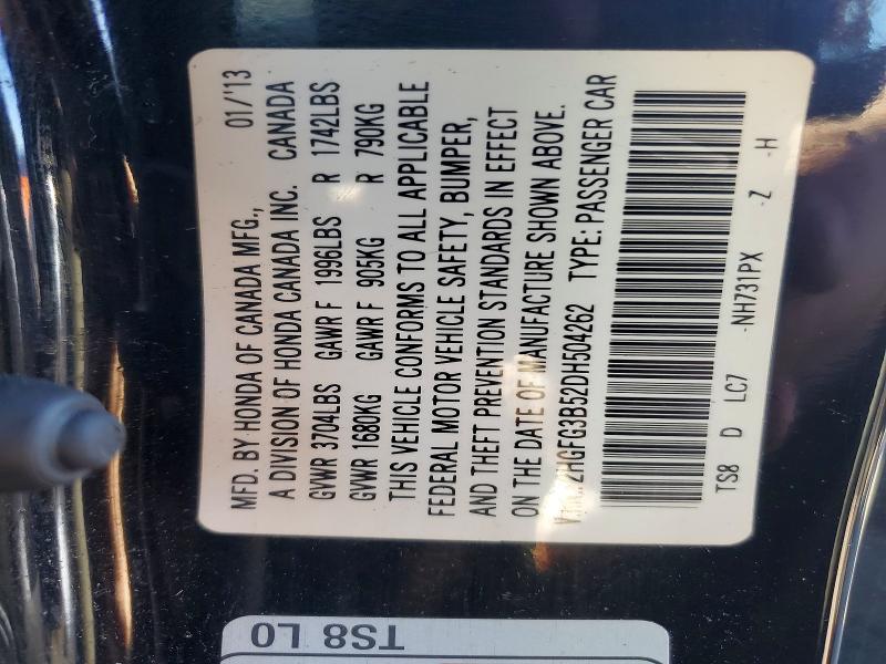 Продаж на аукціоні авто 2013 Honda Civic, vin: 2HGFG3B52DH504262, номер лоту: 57491316