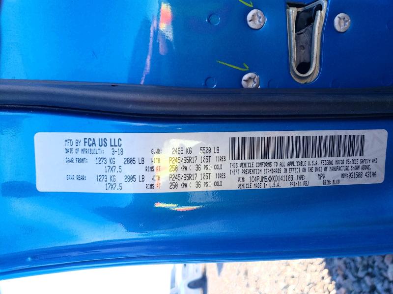 2019 Jeep Cherokee მანქანა იყიდება აუქციონზე, vin: 1C4PJMBXXKD141103, აუქციონის ნომერი: 56656466