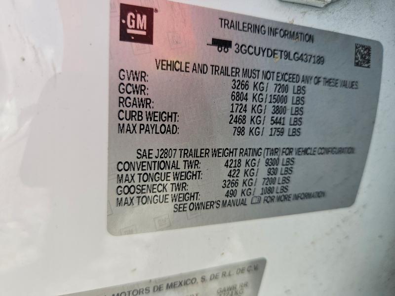 Aukcja sprzedaży 2020 Chevrolet Silverado, vin: 3GCUYDET9LG437189, numer aukcji: 59154306