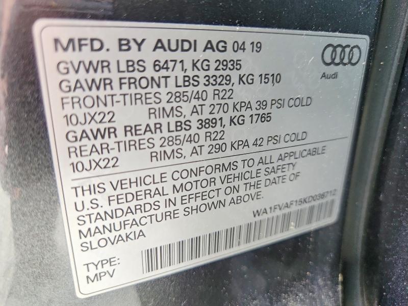 2019 Audi Q8 მანქანა იყიდება აუქციონზე, vin: WA1FVAF15KD036712, აუქციონის ნომერი: 57463066