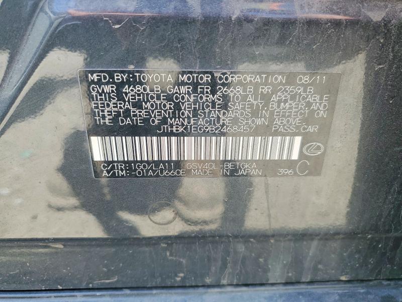 2011 Lexus Es მანქანა იყიდება აუქციონზე, vin: JTHBK1EG9B2468457, აუქციონის ნომერი: 56765086