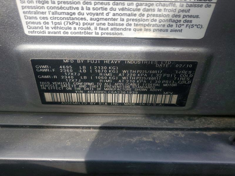 2010 Subaru Outback მანქანა იყიდება აუქციონზე, vin: 4S4BRDLC6A2361939, აუქციონის ნომერი: 56577746
