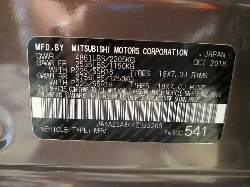 Aukcja sprzedaży 2019 Mitsubishi Outlander, vin: JA4AZ3A34KZ022208, numer aukcji: 56067466