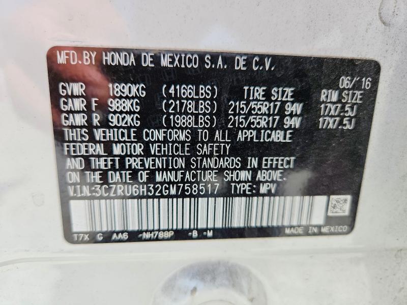 Aukcja sprzedaży 2016 Honda Hr-v, vin: 3CZRU6H32GM758517, numer aukcji: 55842206
