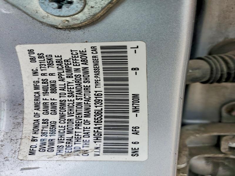2006 Honda Civic მანქანა იყიდება აუქციონზე, vin: 1HGFA16536L139161, აუქციონის ნომერი: 58023136