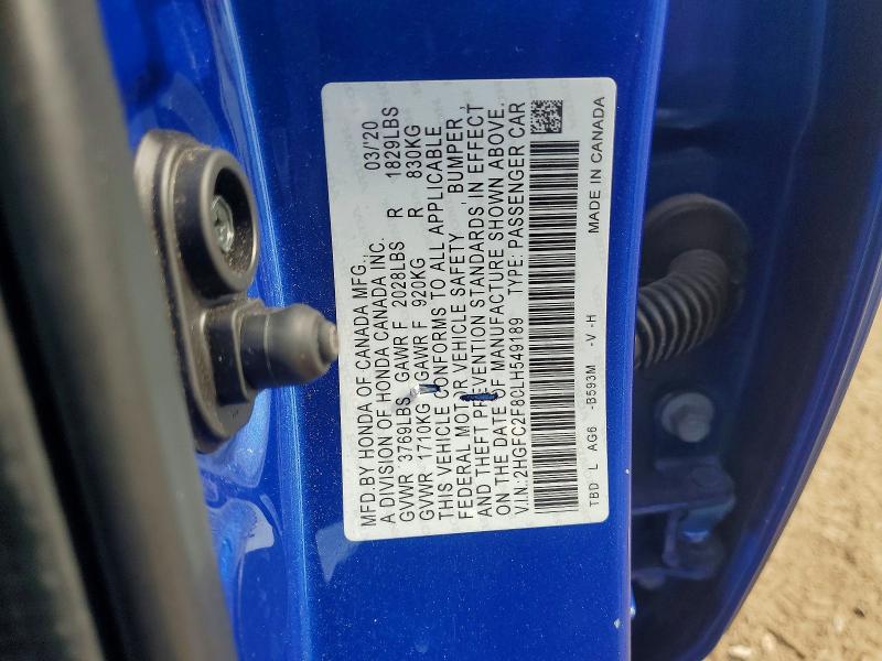 2020 Honda Civic მანქანა იყიდება აუქციონზე, vin: 2HGFC2F80LH549189, აუქციონის ნომერი: 55198616