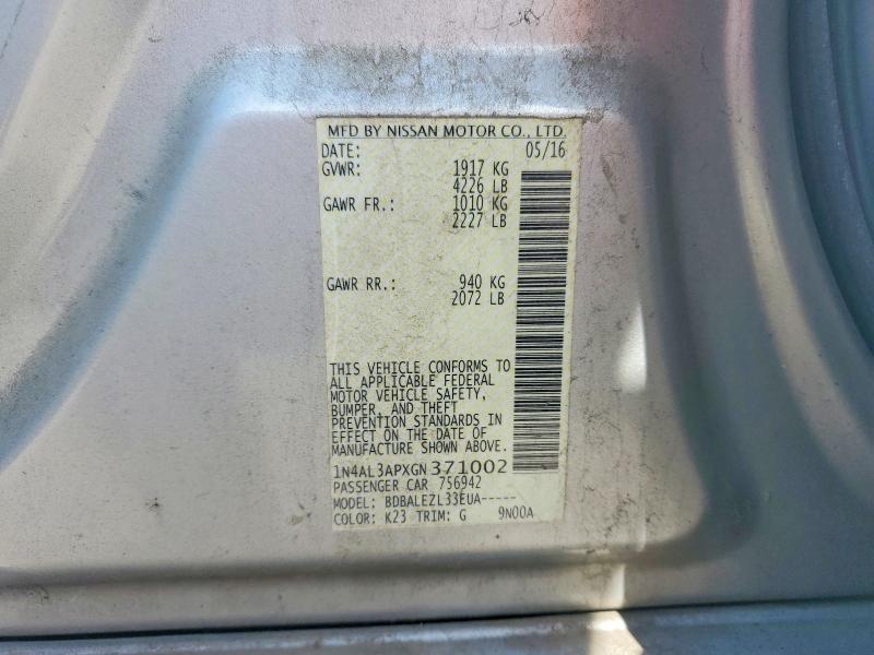 2016 Nissan Altima მანქანა იყიდება აუქციონზე, vin: 1N4AL3APXGN371002, აუქციონის ნომერი: 55878526