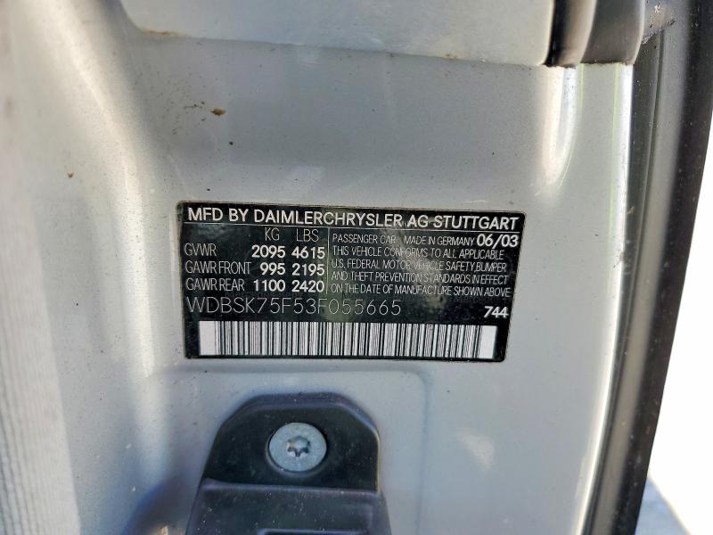 2003 Mercedes-benz Sl მანქანა იყიდება აუქციონზე, vin: WDBSK75F53F055665, აუქციონის ნომერი: 58391276