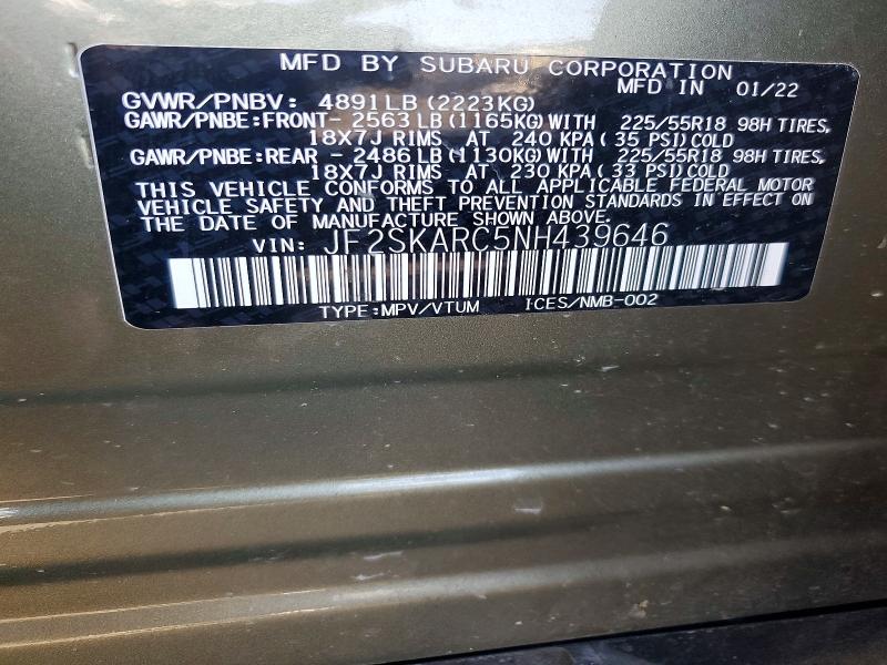 59137826 :رقم المزاد ، JF2SKARC5NH439646 vin ، 2022 Subaru Forester مزاد بيع
