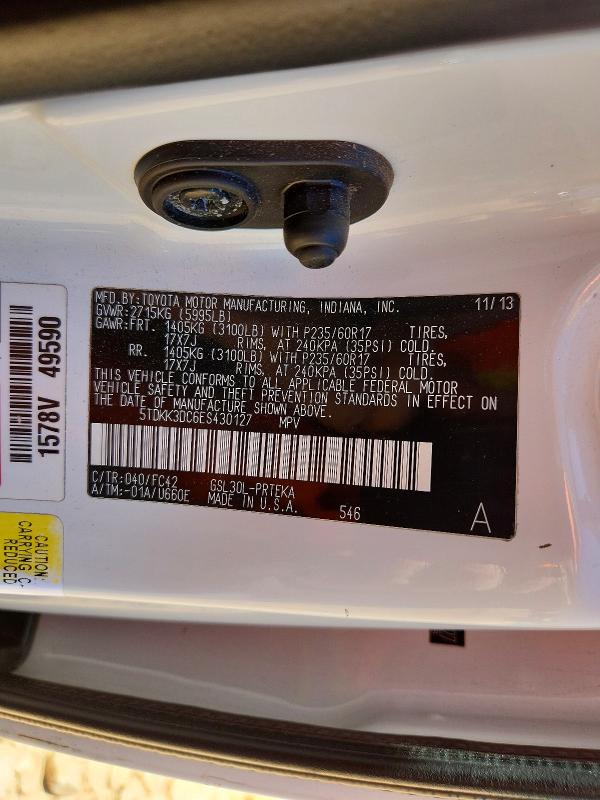 Aukcja sprzedaży 2014 Toyota Sienna, vin: 5TDKK3DC6ES430127, numer aukcji: 56609676