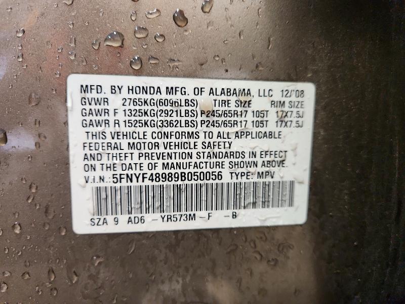 2009 Honda Pilot მანქანა იყიდება აუქციონზე, vin: 5FNYF48989B050056, აუქციონის ნომერი: 57962406