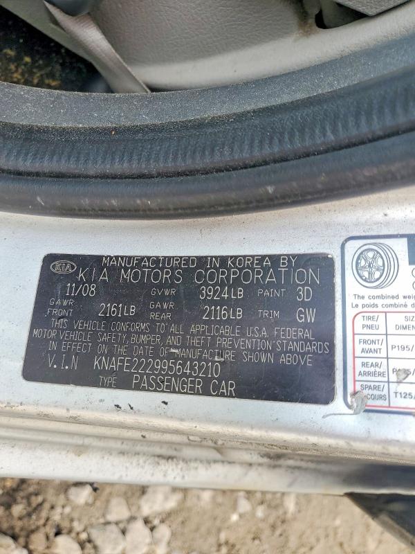 Продажа на аукционе авто 2009 Kia Spectra, vin: KNAFE222995643210, номер лота: 59172166