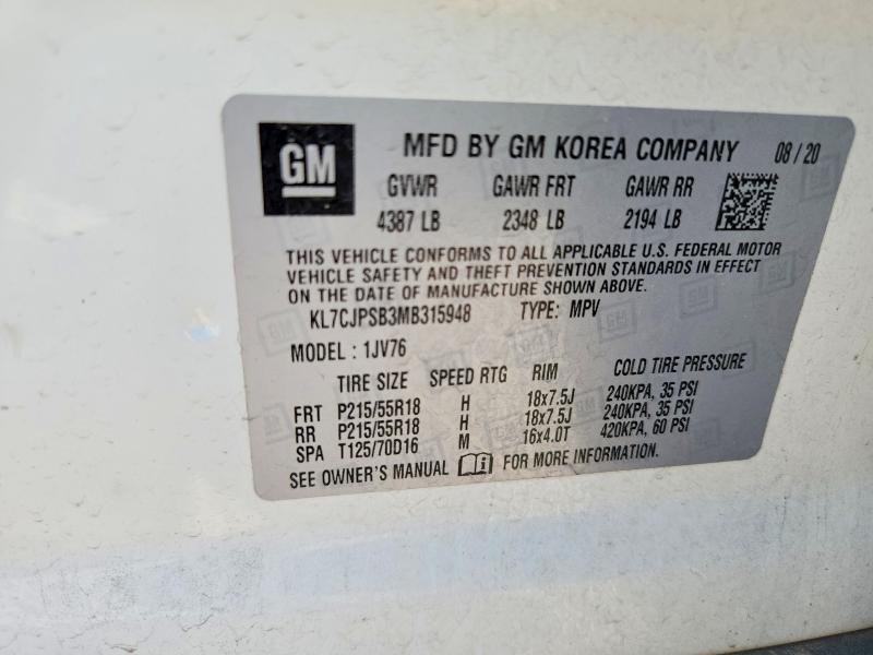 Aukcja sprzedaży 2021 Chevrolet Trax, vin: KL7CJPSB3MB315948, numer aukcji: 58416216