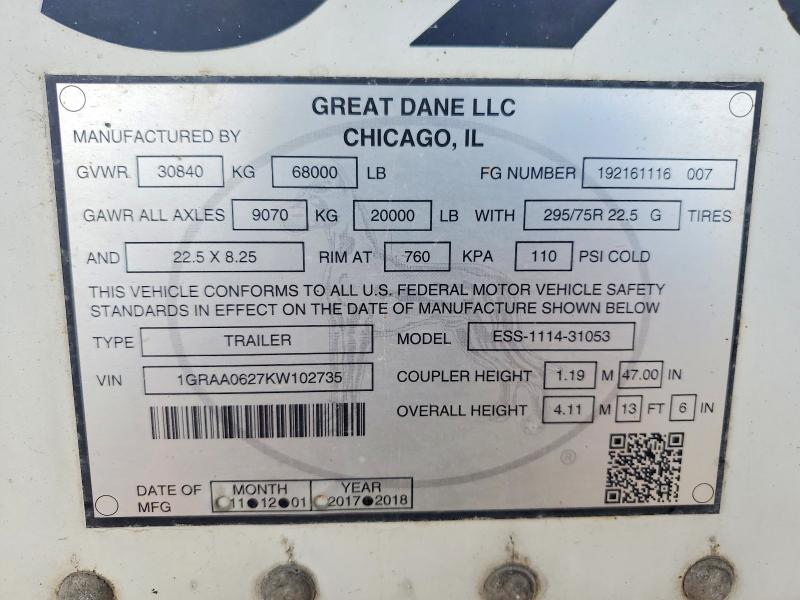 Продажа на аукционе авто 2019 Great Dane Trailers Trailers, vin: 1GRAA0627KW102735, номер лота: 57719736